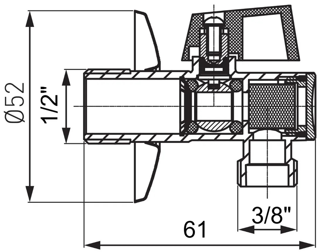 FERRO Rohový ventil so sitkom, kovová páčka, EZ1238KF, rozmery, TERMOobchod